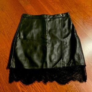 Black Faux Leather Mini Skirt with Lace Trim